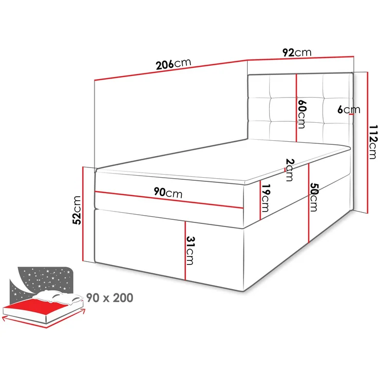 Boxspringbett Gazel Single Boucle (Farbe: Lambi 04, Größe: 90 x 200) – Bild 4