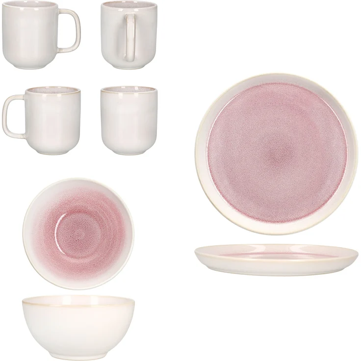 18tlg Frühstücksset Reactive Glaze Paris Steingut Teller Schalen Becher Pink – Bild 5