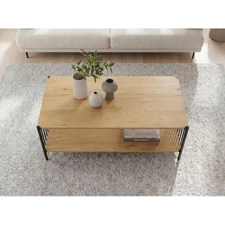 Couchtisch 110x60cm Eiche Optik Rechteckig - Design Sofatisch Metall - Wohnzimmertisch Ablage - Loungetisch Stauraum - Beistelltisch Kaffeetisch – Bild 6
