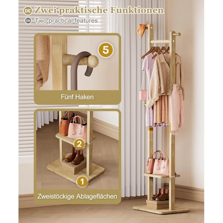 Yorbay Kleiderständer Garderobenständer aus Massivholz mit Ablagebrettern & Haken, Offener Kleiderschrank für Flur, Schlafzimmer – Bild 3