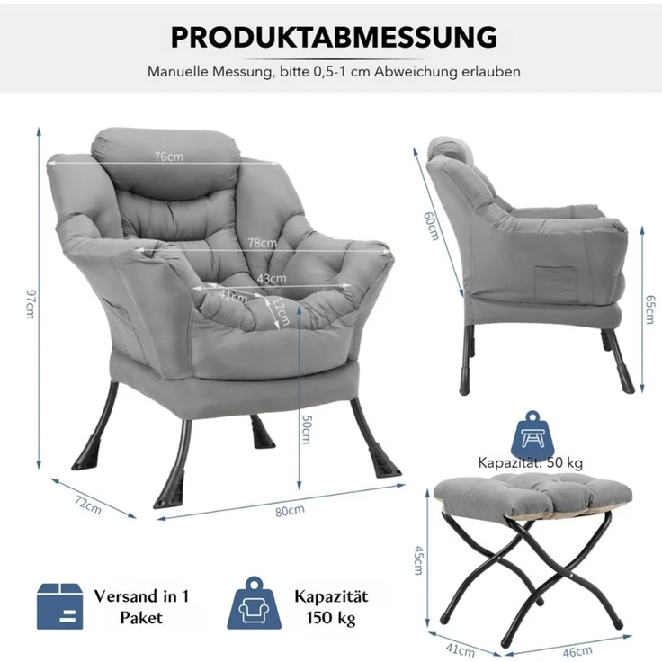 TLGREEN Loungesessel mit klappbarem Fußhocker, ergonomisch Relaxsessel, (Großliegestuhl mit rutschfesten Füßen, Seitentasche und 150 kg Tragkraft, leicht zu reinigendes Material), ideal für Wohnzimmer, Schlafzimmer und Arbeitszimmer – Bild 2