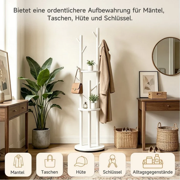 OSTWOLKE Garderobenständer Drehbarer Kleiderständer aus Massivholz mit 3 Ablage und 8 Haken, stabil & einfach zu montieren, für Flur, Schlafzimmer, 165×40×40 cm – Bild 4