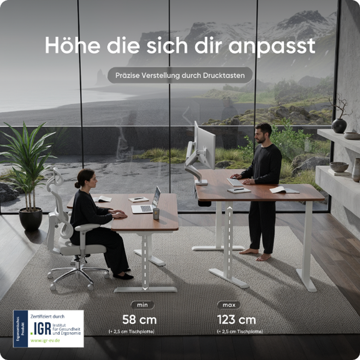 DESKSPACE CORNER Schreibtisch, Elektrisch höhenverstellbar, 160 x 130 x 70 cm, Mahagoni Tischplatte, Weißes Gestell – Bild 5