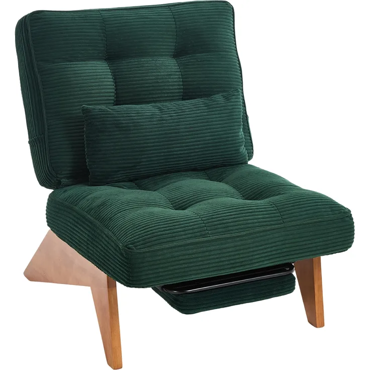 LVHOM Relaxsessel mit liegefunktion, Loungesessel mit Lendenkissen und ausziehbarer Fußstütze, Massivholzgestell, verstellbarer Rückenlehne, ohne Armlehnen, Grün