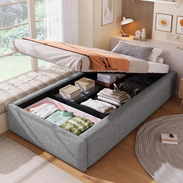 Futonbett mit Bettkasten, Lattenrost und Schublade, 90x200 cm, Bezug, Leinen