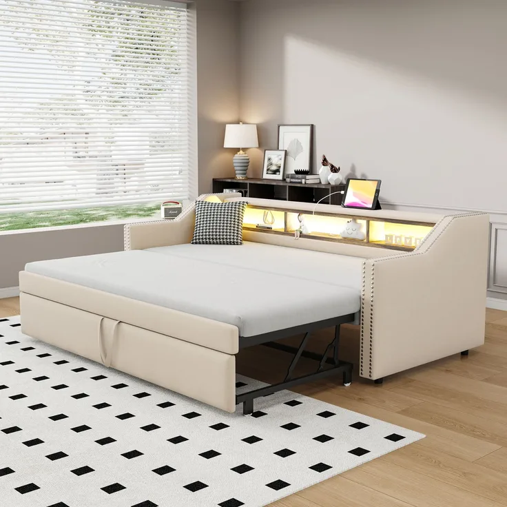 Ausziehbett 90/180×190 cm mit Stauraum, LED und USB – Polsterbett in Beige