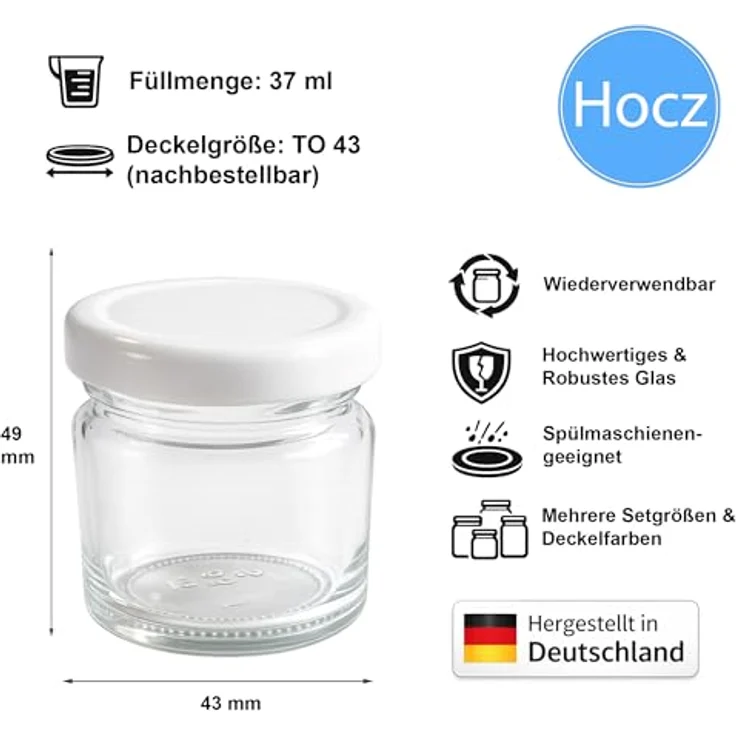 hocz 50x Mini Marmeladengläser 37 ml | mit Deckel Weiß TO 43 | kleine Einmachgläser mit Schraubdeckel zum befüllen | Schraubgläser, Sturzgläser Set | leere Gläser für Marmelade | 50 Stück – Bild 2