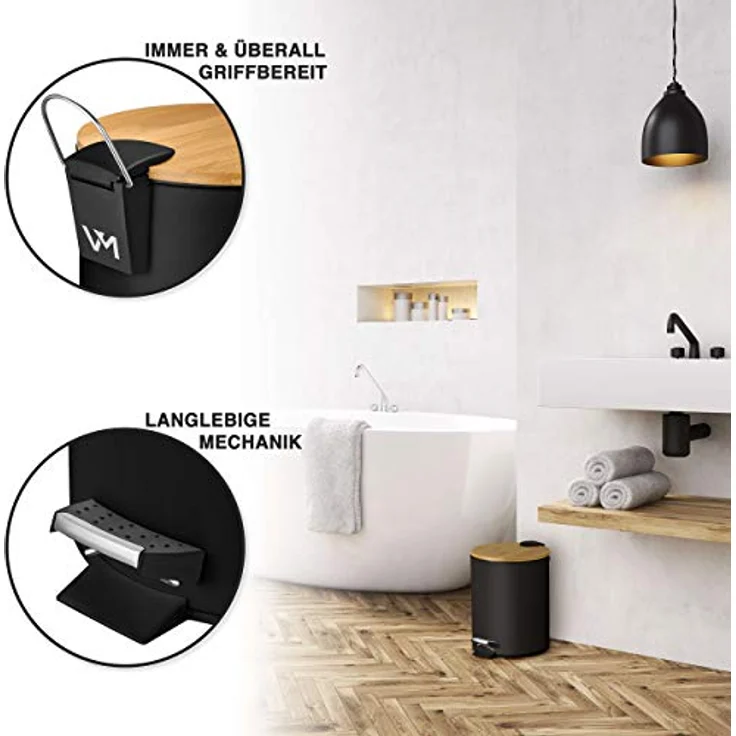 VMbathrooms 5L Kosmetikeimer in edlem schwarzem Design | Tretmülleimer mit Absenkautomatik (Soft Close) | Eleganter Eimer fürs Bad mit Innenbehälter und Bambus-Holzdeckel – Bild 6
