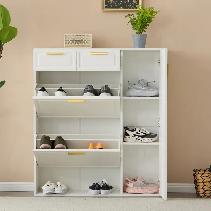 Merax Moderne Schuhschrank, mit verstellbaren Regalen, goldenen Griffen, Schubladen, Klappschuhschrank und Türen, weiß, B95/D24/H107.5 – Bild 3