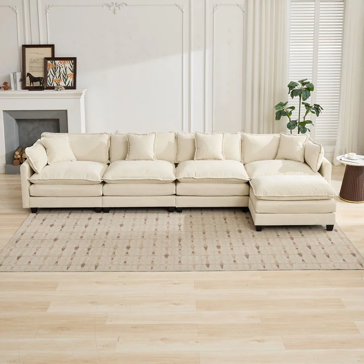 ZUBALIYA Sofa mit LED - Beleuchtung, mit Chenille - Bezug, mit Cordbezug, modular aufgebaut, aus Chenille, Beige – Bild 7