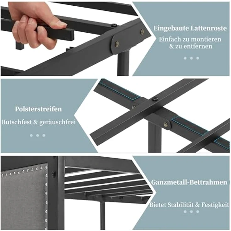 VECELO Polsterbett 90x200 cm, Einzelbett mit Leinen-Kopf- und Fußteil, Nietenakzente, Stabiles Bettgestell mit Lattenrost, 32 cm praktischem Stauraum, geräuscharm, einfache Montage, Grau – Bild 4