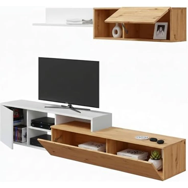 Dmora - Wohnzimmermöbel Miami, Wohnmöbel mit umkehrbarem TV-Ständer, Wohnzimmerkomposition mit Schrankwand und Regal, 220 x 40 x 44 cm, Eiche mit Asteffekt und Weiß – Bild 3