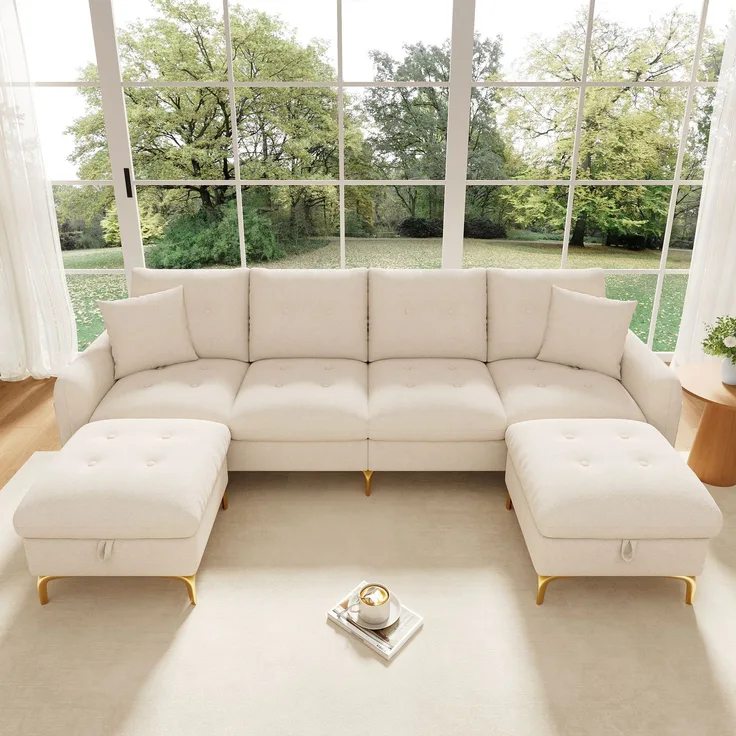 Merax 4-Sitzer U-förmiges modulares Schlafsofa mit 2 Stauraumhockern und 2 Dekokissen, Gesamtmaße 263×137×85 cm, Beige