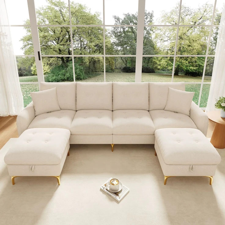 Merax 4-Sitzer U-förmiges modulares Schlafsofa mit 2 Stauraumhockern und 2 Dekokissen, Gesamtmaße 263×137×85 cm, Beige – Bild 1