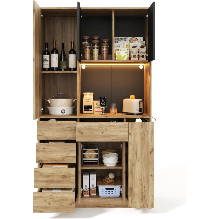 ZUBALIYA Küchenschrank 105x40x185 cm, mit LED-Beleuchtung, mit Steckdosen, mit verstellbaren Einlegeböden, aus MDF, Schwarz / Natur – Bild 12