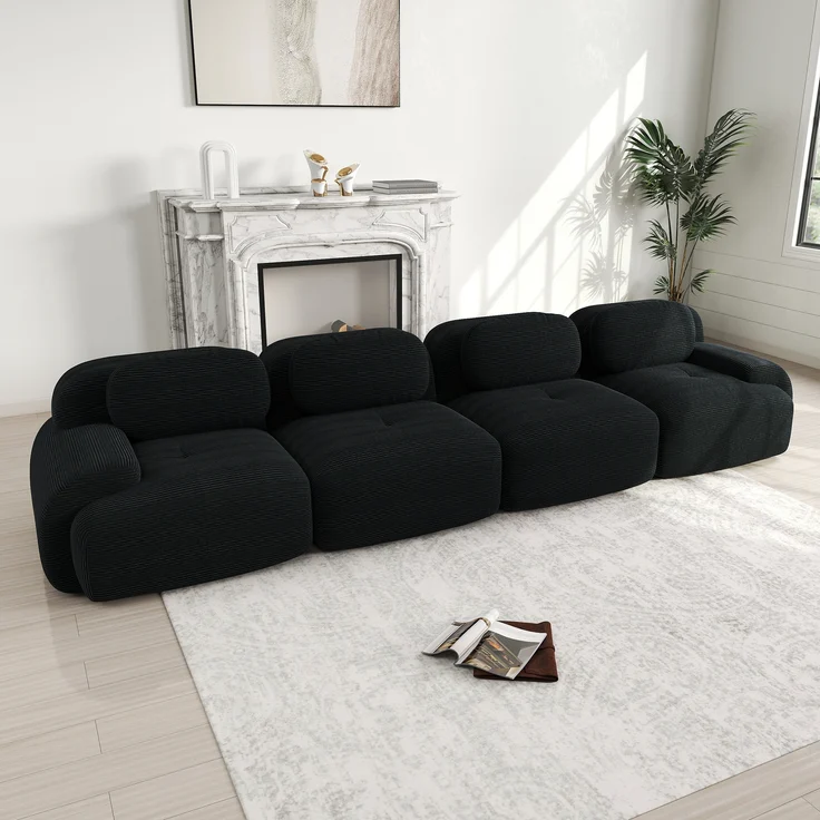 4-Sitzer-Sofa aus weichem Cordstoff,32D hochelastische Polsterung haustierfreundlich und ergonomisch vakuumverpackt frei kombinierbar ohne Montage für Schlafzimmer und Büro,Cordstoff,Black, – Bild 3