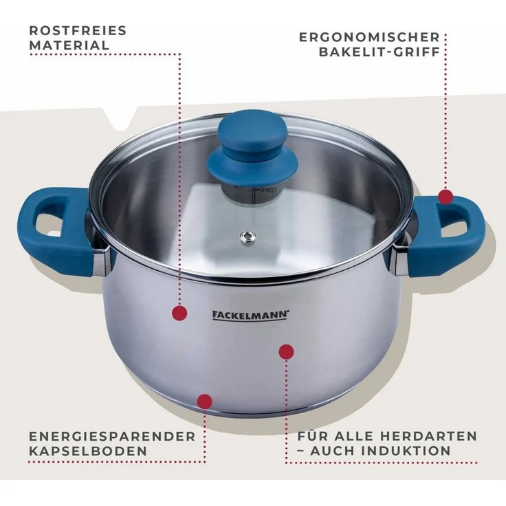 FACKELMANN Kochtopf Essential Ø 20 cm aus Edelstahl, ergonomische Softtouch-Griffe, modernes Design, für alle Herdarten geeignet, Blau – Bild 2