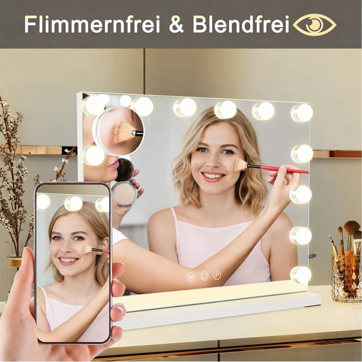 Nettlife Schminkspiegel Licht 50x40cm 3 Farben USB Touch-Steuerung Hollywood Spiegel (3-farbig einstellbares Licht mit Memory-Funktion, 1-St, Touchscreen), 5 Facher Vergrößerung Spiegel USB Anschluss für Ankleidezimmer – Bild 3