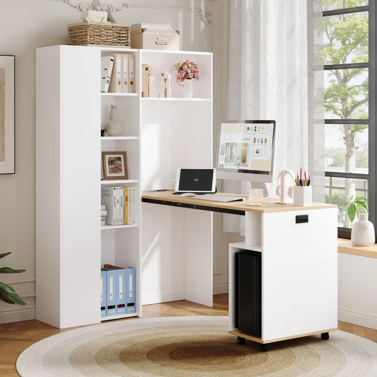 ZUBALIYA Klappbarer Schreibtisch mit Ablagen –2-in-1-Bücherregal und Schreibtisch, klappbar, mit Steckdose und USB-Anschluss, höhenverstellbare Ablagen, Kippschutz, weiß-Schreibtisch,Eck-Schreibtisch –links – Bild 10