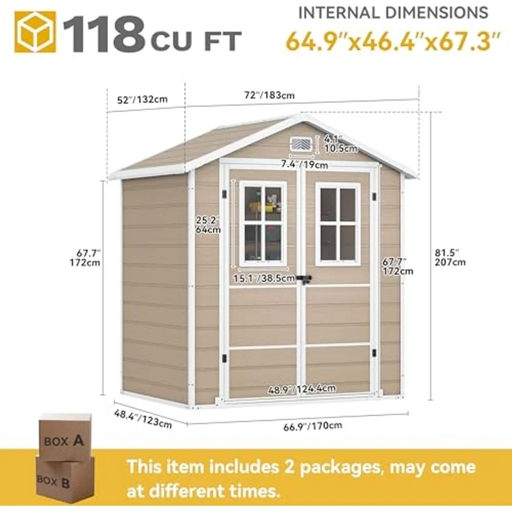 DWVO Gerätehaus Kunststoff 203 x 147 x 207 cm, Gartenschuppen mit Doppelwand & Fenstern, Wetterfester Aufbewahrungsschuppen für Rasenmäher, Gartengeräte & Fahrrad, Abschließbar, Beige – Bild 6