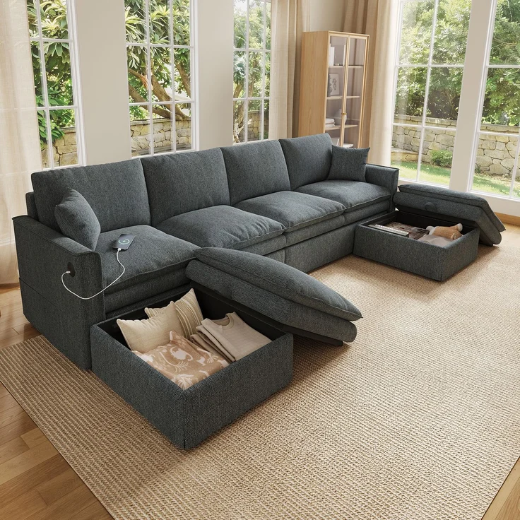 Modulares Ecksofa 277x135x80 cm, 6-Sitzer in Grau mit Stauraumhockern und USB-Anschluss – Bild 3