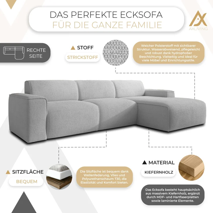 AX LIVING Couch Sofa L Form Didim mini Hellgrau 310 cm breit, stilvoll R – Bild 5