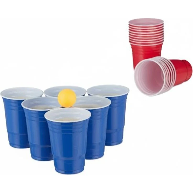 Relaxdays Bier Pong Set, 50 Becher und 6 Bälle, Kunststoff rot / blau, 473 ml – Bild 7