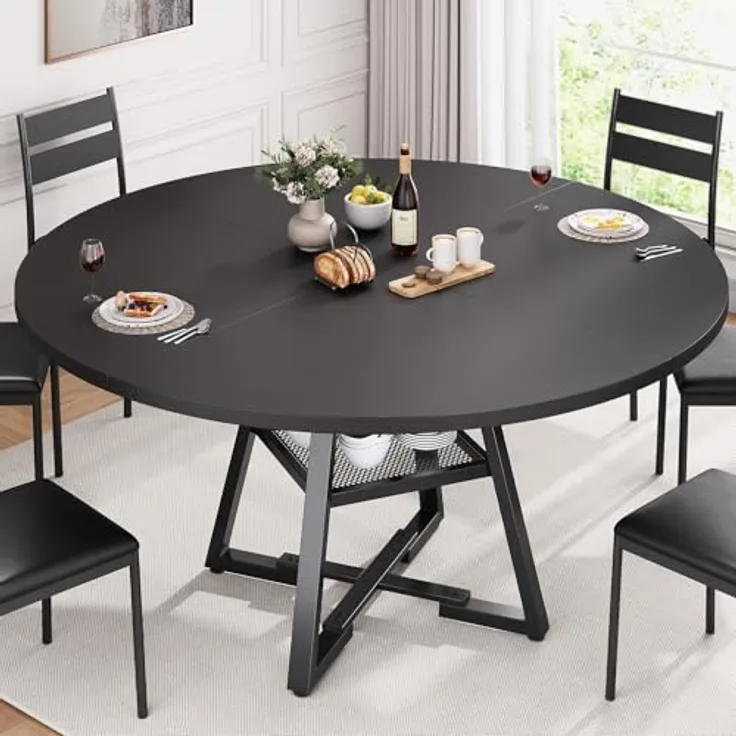 Jocoevol Esstisch Runder für 4-6 Personen, Esszimmertisch mit Ablage, platzsparender Küchentisch aus Holz im Industrial Design (Schwarz, 130x130x76cm)