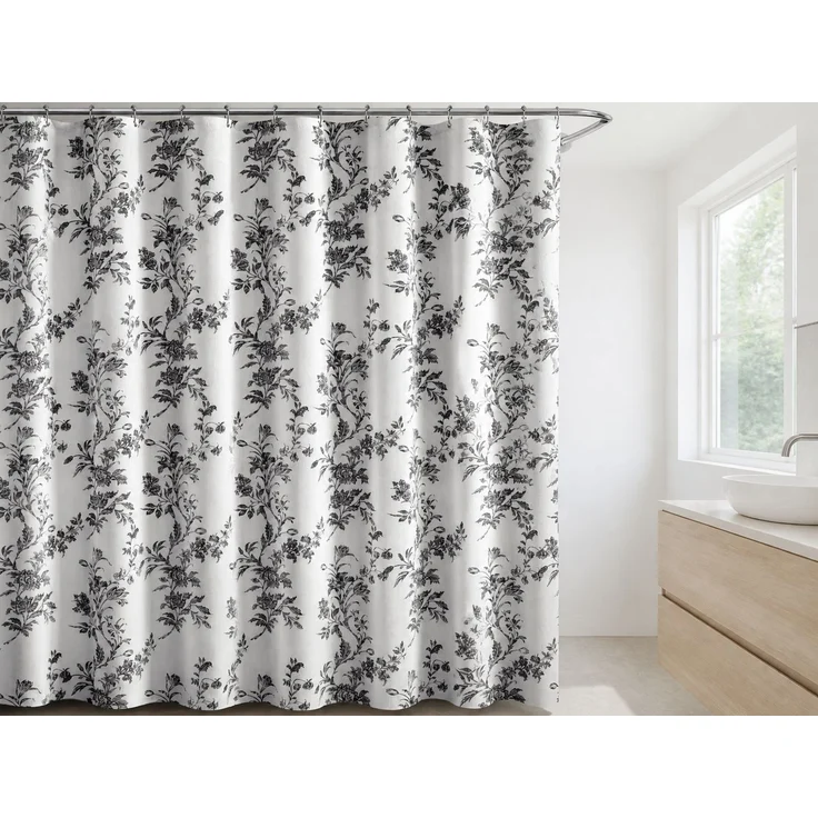 Wasserdichter Duschvorhang mit Blumenmuster Weiß-Schwarz, 240x180 cm – Bild 2
