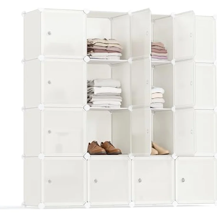 SONGMICS Regalsystem, Schuhregal, Set aus 16 Würfeln, Kleiderschrank aus Kunststoff, mit Türen, Steckregal, Aufbewahrung von Kleidung, Schuhen und Büchern, einfache Montage, cremeweiß LPC443W01 – Bild 2