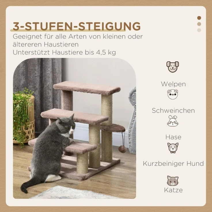 JARDJ Kratzbaum, Haustiertreppe, 3 Stufen, Spielball, bis 5 kg, 45x40x48cm, Braun – Bild 4