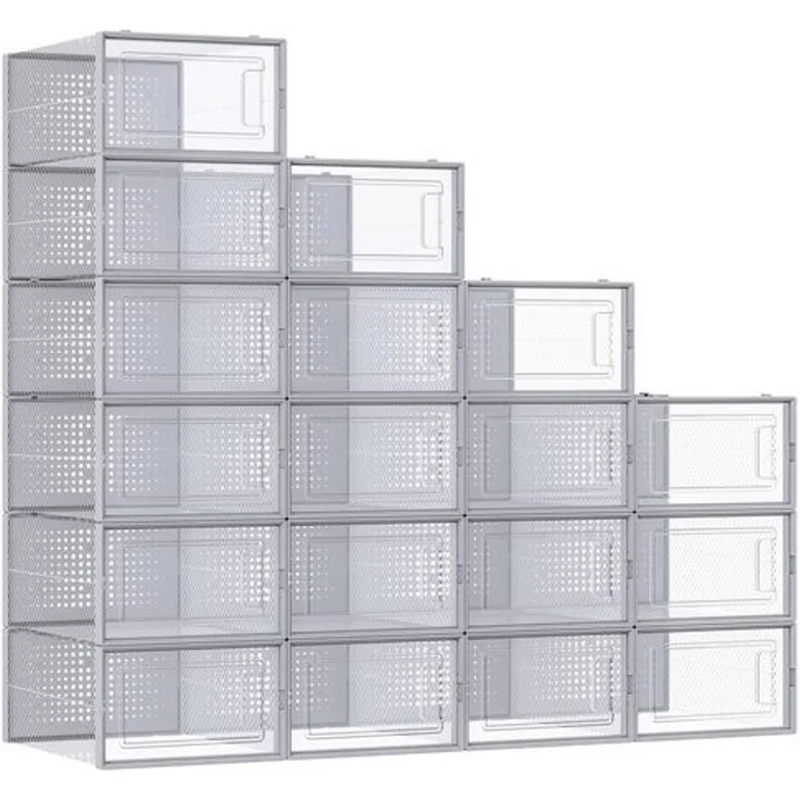 SONGMICS Schuhboxen, 18er Set, Schuh-Organizer aus Kunststoff, faltbar und stapelbar, für Schuhe bis Größe 44, transparent-grau LSPDE006G18