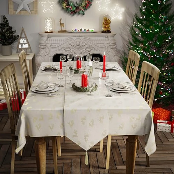 Emma Barclay Weihnachtstischdecke, rechteckig, maschinenwaschbar, Weihnachts-Tischdecke, cremefarben mit goldenem Rentier-Design, 178x274 cm – Bild 5