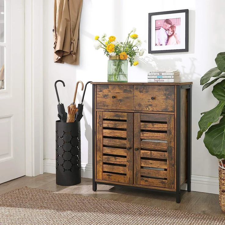 Vasagle 'LSC86BX' Beistellschrank, Sideboard mit Regalebene und Schublade, Küchenschrank, mit Lamellentüren, Wohnzimmer, Schlafzimmer, Arbeitszimmer, Büro, Flur, Industrie-Design, Vintage, Dunkelbraun, 80 x 68,6 x 30 cm – Bild 2