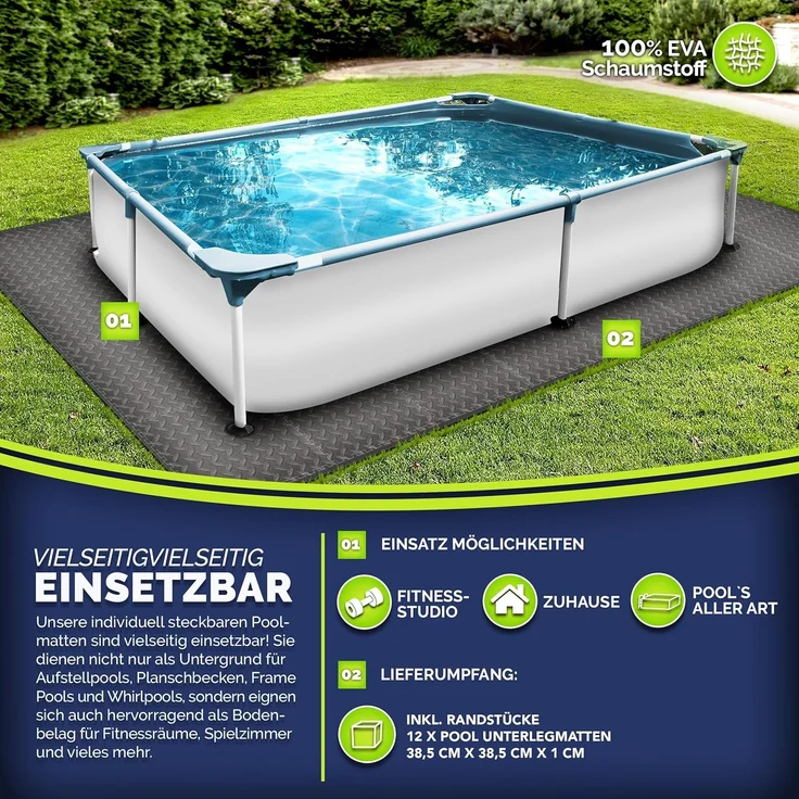 tillvex® Pool Bodenschutzmatte Anthrazit - 12 Stück | Unterlegmatte für Pool & Planschbecken | Poolmatte Bodenmatte Outdoor | Poolunterlage Bodenschutz Matten wärmeisolierend | Whirlpool Bodenfolie weich – Bild 8