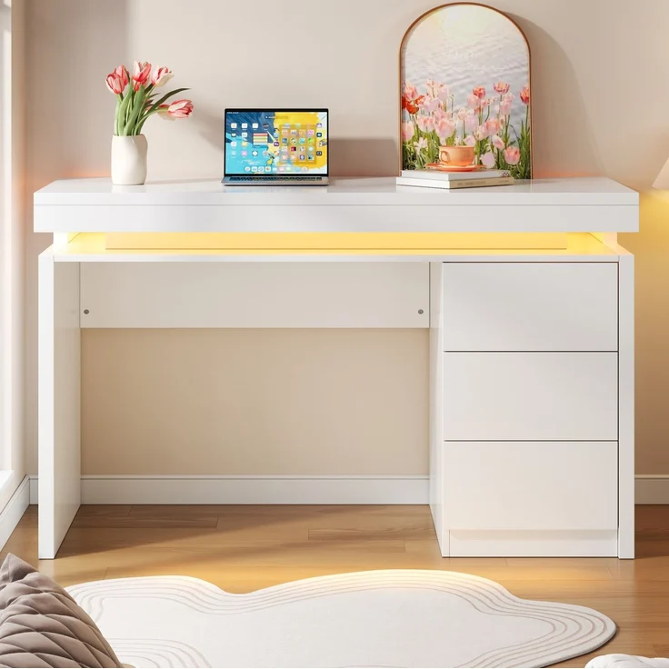 Schreibtisch mit LED-Beleuchtung und 3 Schubladen, 120x50x78,5 cm, Weiß – Bild 1