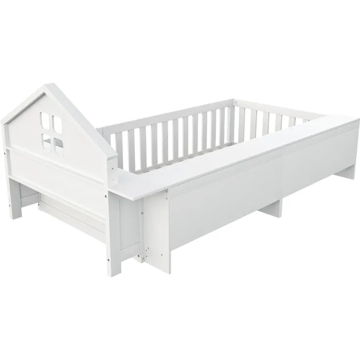 Kinderbett mit Lattenrost und Zaun, 90x200 cm, Rausfallschutz, Stauraum, Regal, Einzelbett, Jugendbett, Kiefer – Bild 5