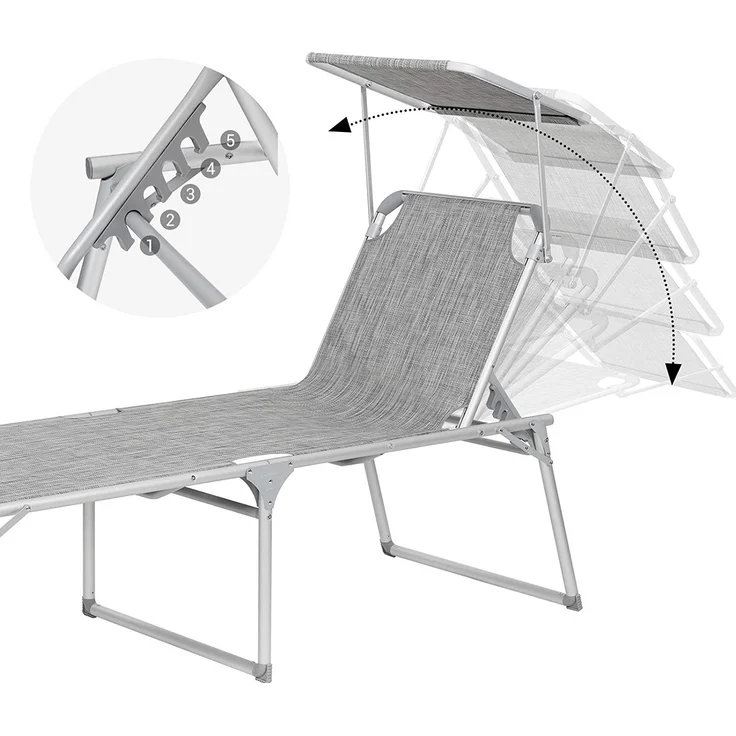 SONGMICS klappbare Sonnenliege, 65 x 200 x 48 cm, bis 150 kg belastbar, Liegestuhl, Gartenliege, extra groß, mit Sonnendach, Rückenlehne verstellbar, grau meliert GCB26TG – Bild 5