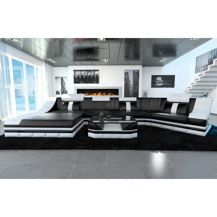 Sofa Dreams - Mini Luxus Wohnlandschaft Turino C-Form mit LED - Echtleder - Schwarz-Weiß - Links – Bild 5