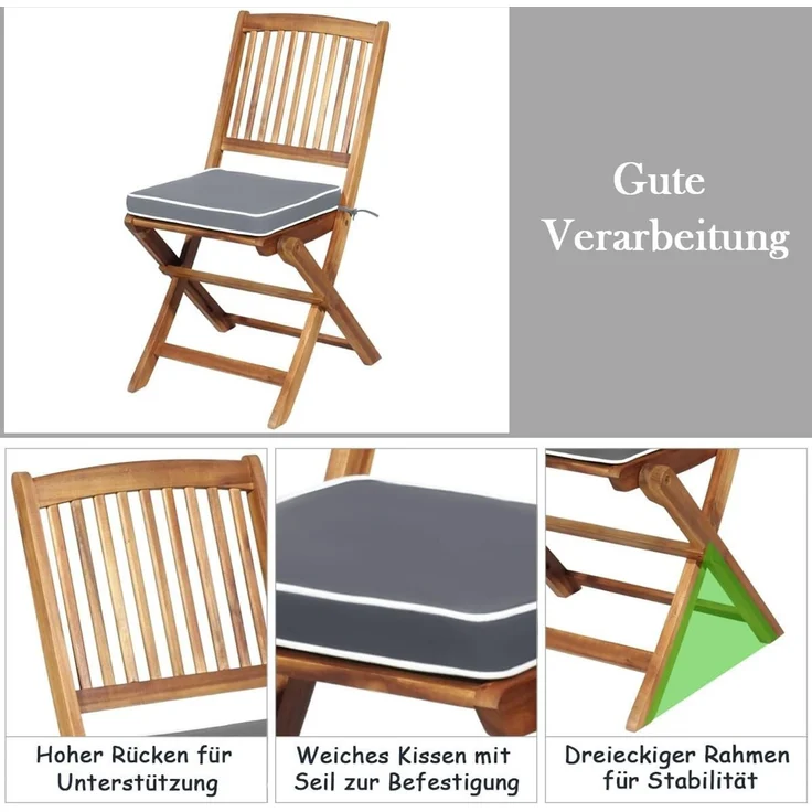 KOMFOTTEU Balkonset klappbar, (Set, 3-tlg), aus Akazienholz, mit Sitzkissen – Bild 3