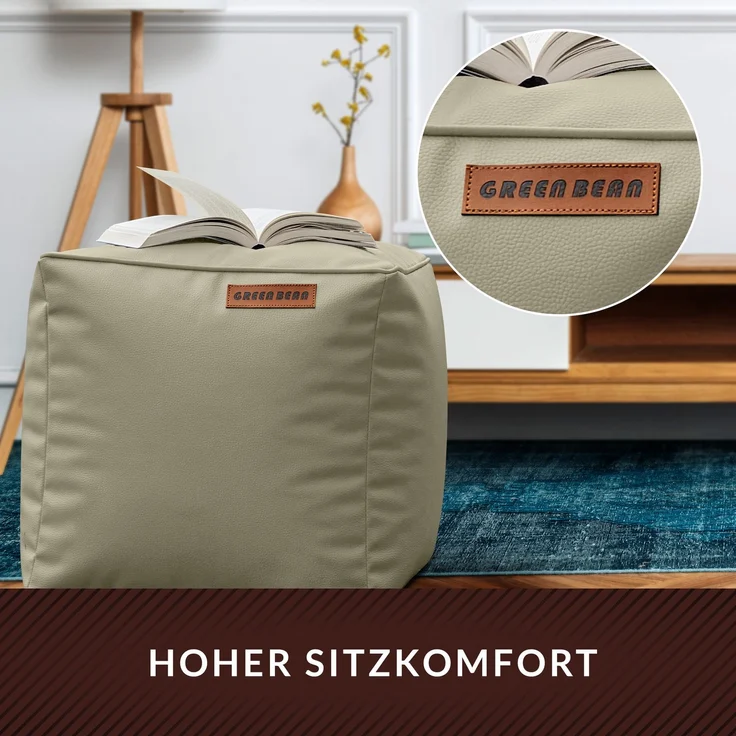 Green Bean® Sitzhocker aus Kunstleder - Pouf mit EPS Perlen Füllung - 40 x 40 cm - perfekte Ergänzung zum Sitzsack - Grau-Beige – Bild 5