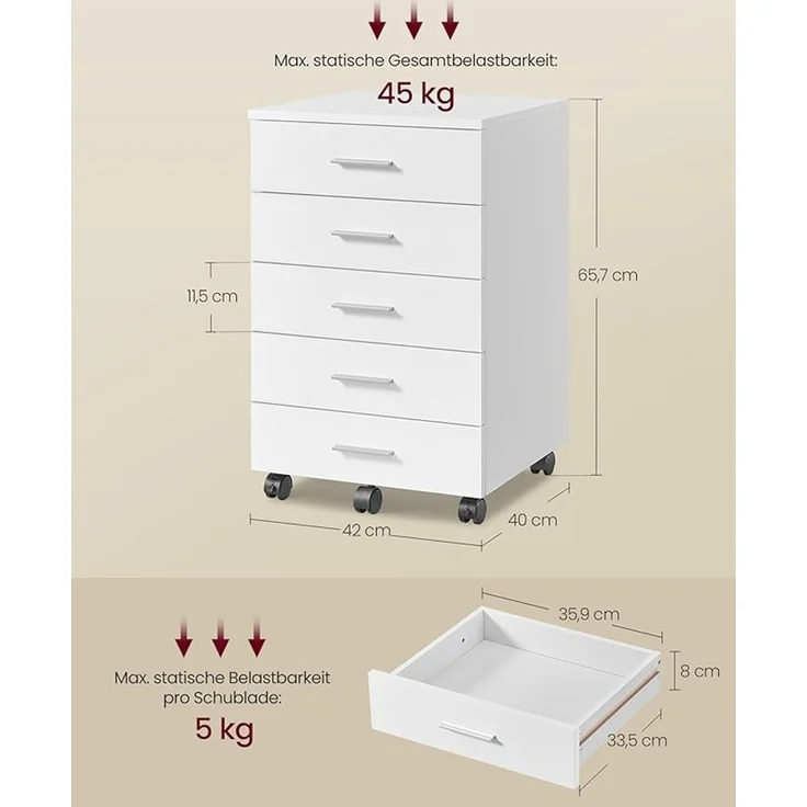 VASAGLE Rollcontainer, mit 5 Schubladen, mit schraubenlosen Gleitschienen, Holz wolkenweiß, 40 x 42 x 65,7 cm – Bild 3