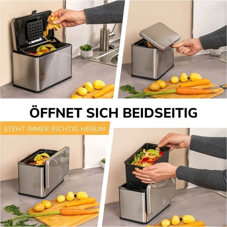 eluno Biomülleimer mit Geruchsfilter, 3 Montagearten, Edelstahl, 3 Liter, Metallisch – Bild 2