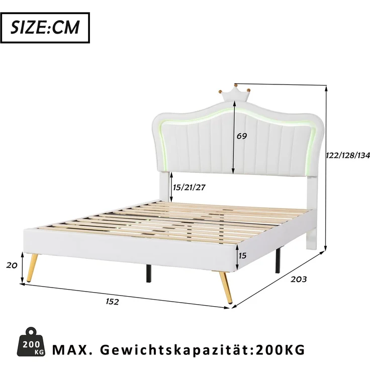 Kinderbett Muschelform mit Krone, LED Beleuchtung, Kunstleder Polsterbett 140x200 cm, stabiler Rahmen, leicht zu reinigen – Bild 8