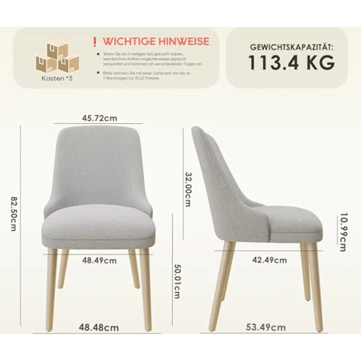 COLAMY Esszimmerstühle 6er Set, Gepolsterter Stuhl mit Holzbeinen, Hohe Rückenlehne für Esszimmer/Restaurant/Café, Hellgrau – Bild 3