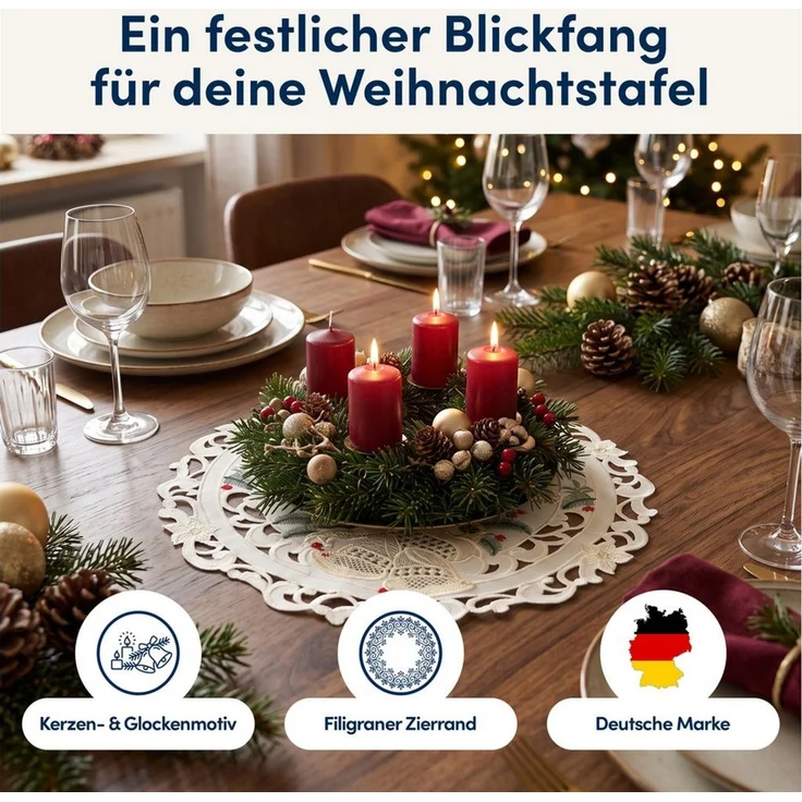 Stoffschmiede Tischdecke Weihnachten mit Spitzeneinsatz - Versch. Größen & Farben, Spitzeneinsatz – Bild 2