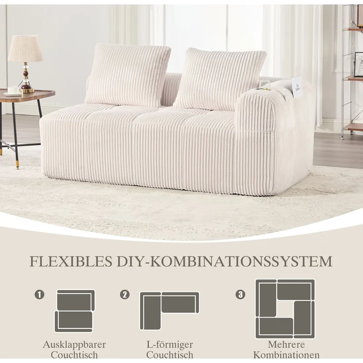 2-Sitzer Sofa, Cord mit Seitenfächern & Becherhaltern, 158x93x61 cm, Beige – Bild 7