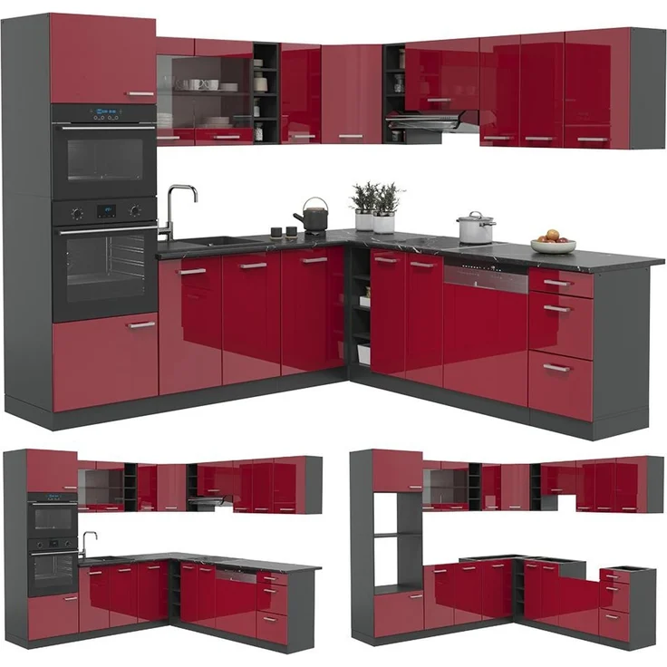 Eckküche R-Line Rot Hochglanz/Anthrazit 247 x 237 cm, AP Marmor Vicco – Bild 6