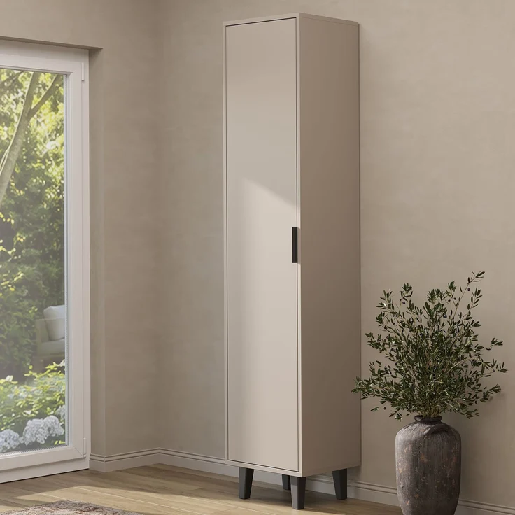 Roomart NORD Hochschrank 199 cm – Flurschrank mit Tür & 5 Fächern – schmal 45 cm – H 199 x B 45 x T 35 cm • Beige – Bild 1