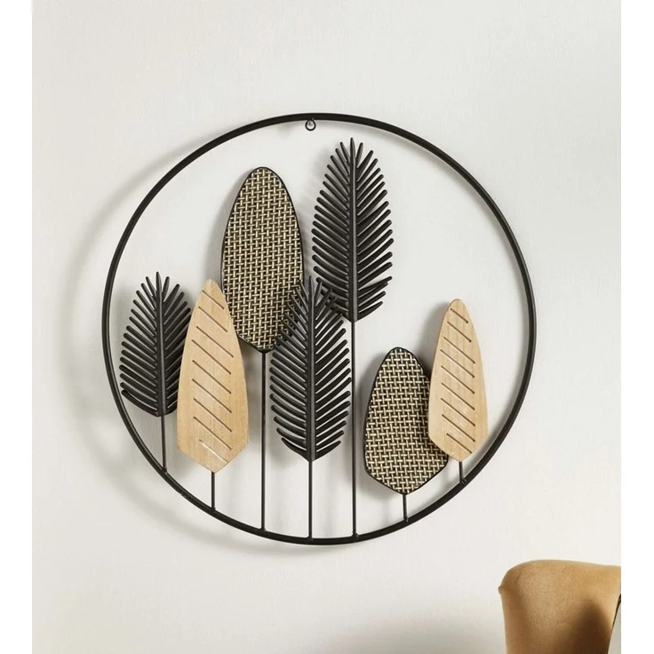 Dekoleidenschaft Wandbild "Blätter" aus Metall schwarz & Holz, Wandbild, Wandschmuck, Metallbild, Wanddekoration Ø 56 cm, Wandobjekt, Hängedeko – Bild 2